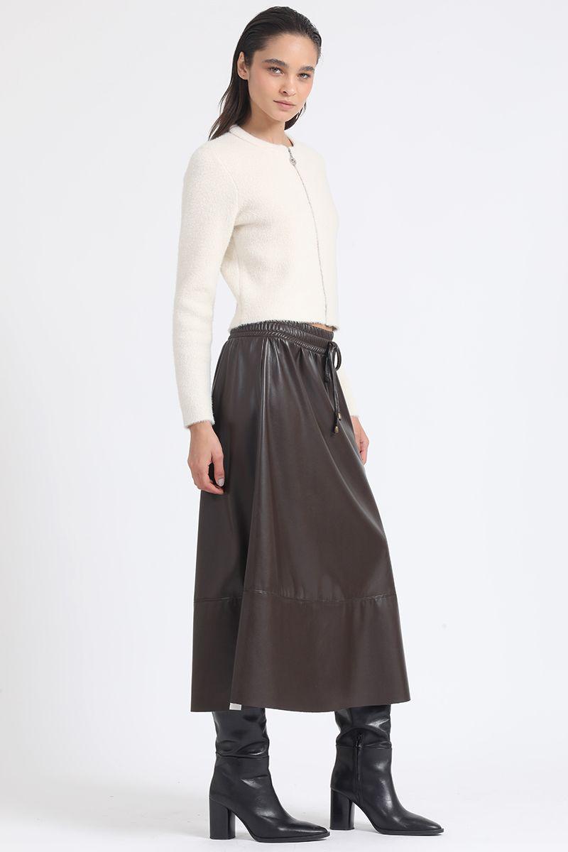 Falda Amplia Midi Efecto Cuero, Cafe Liola-0