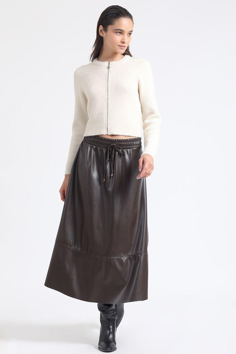 Falda Amplia Midi Efecto Cuero, Cafe Liola-1