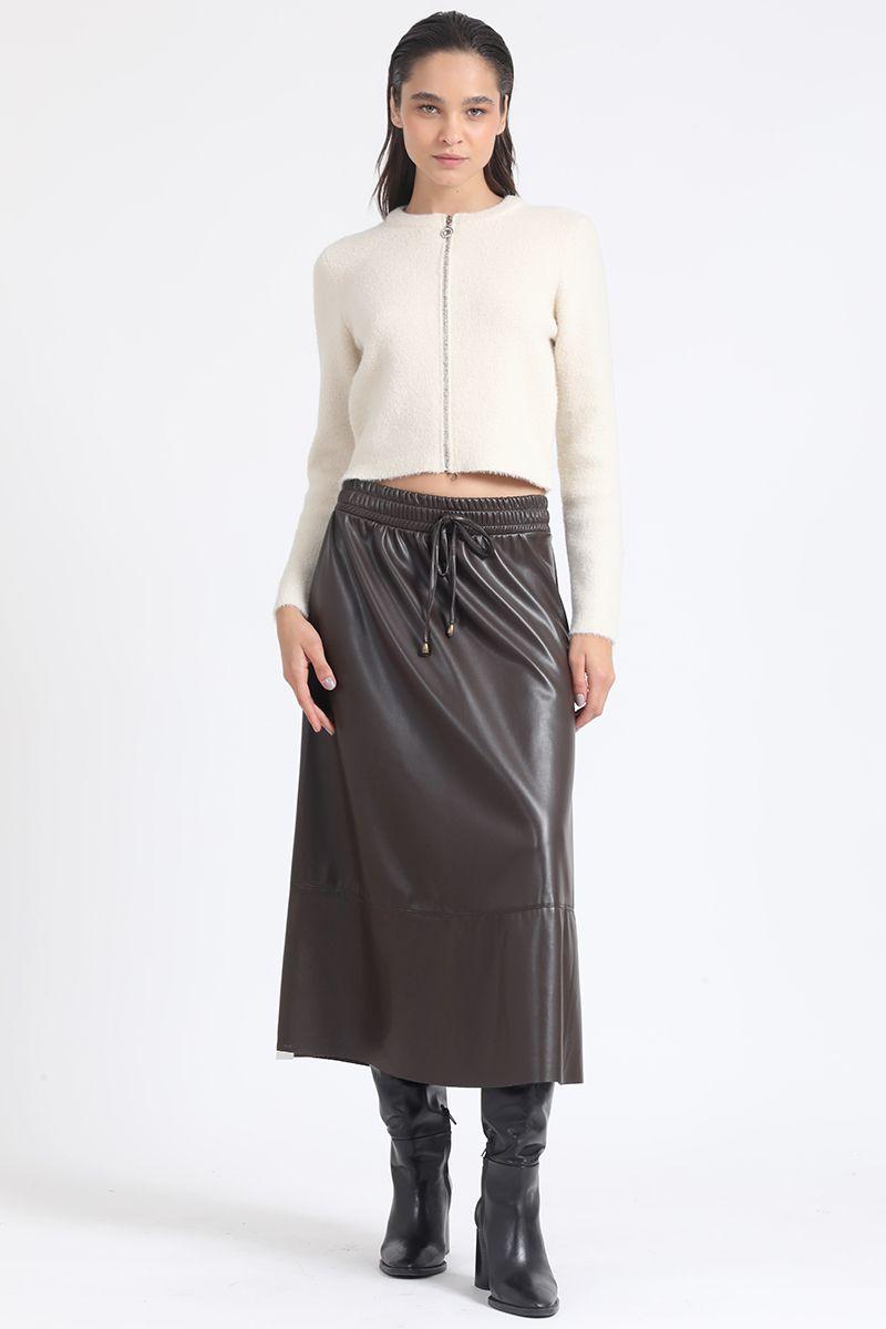 Falda Amplia Midi Efecto Cuero, Cafe Liola-2