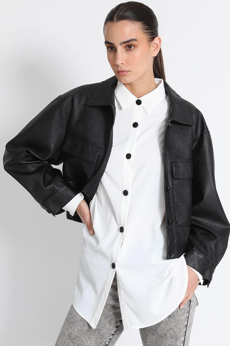 Chaqueta Recta Efecto Piel Negro Liola-2