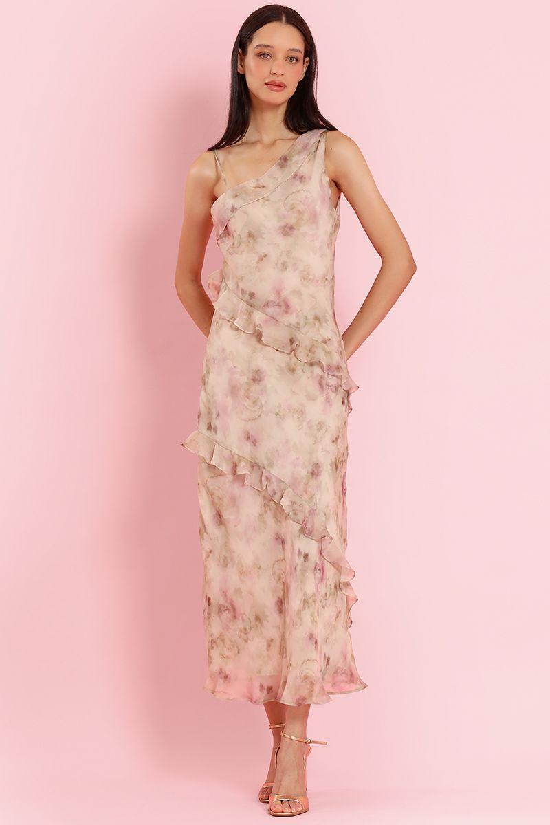 Vestido maxi estampado, vuelos, beige Liola-0
