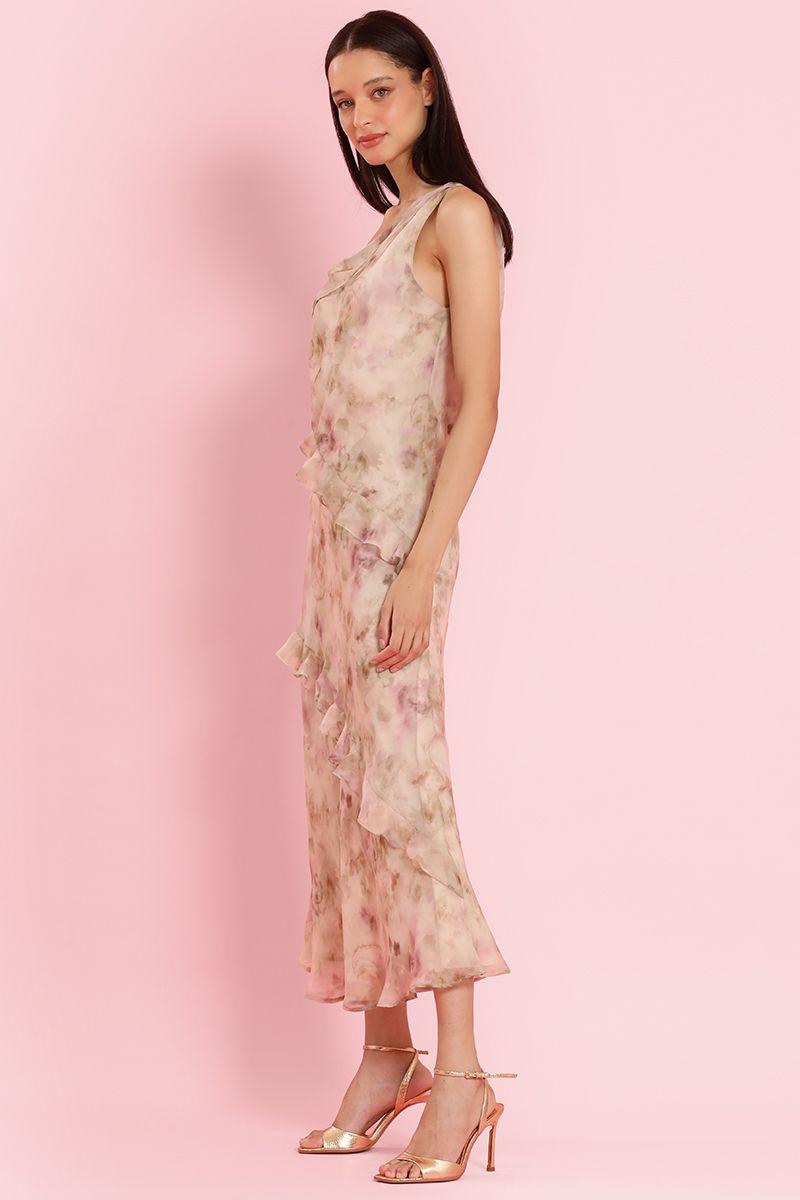 Vestido maxi estampado, vuelos, beige Liola-3