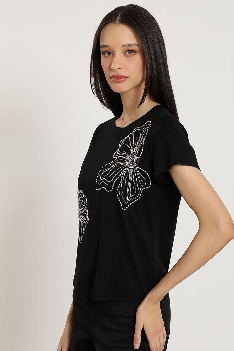 Polera bordado con piedreria, negro Liola-2