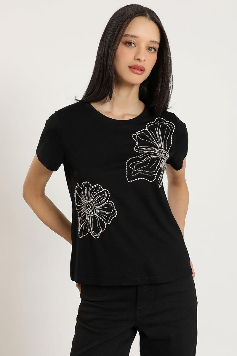 Polera bordado con piedreria, negro Liola-4