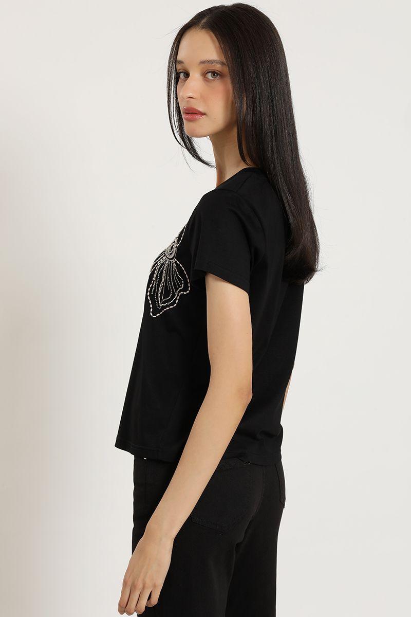 Polera bordado con piedreria, negro Liola-5
