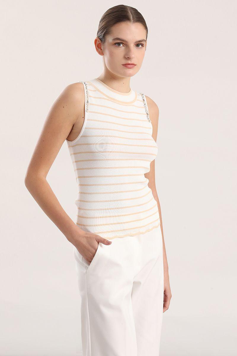 Top tejido punto, aplicacion joya mujer Liola crudo-0