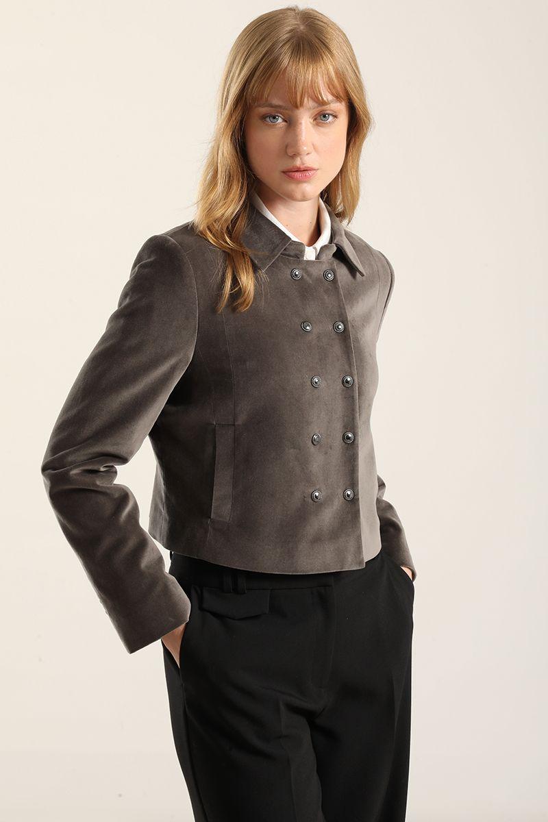 Chaqueta cropped cruzada, terciopelo gris Liola-0