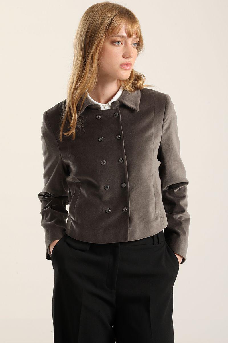 Chaqueta cropped cruzada, terciopelo gris Liola-4