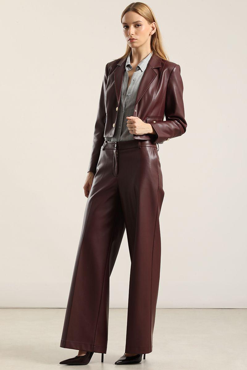 Pantalón ancho, tiro alto, efecto cuero, burdeo Liola-0