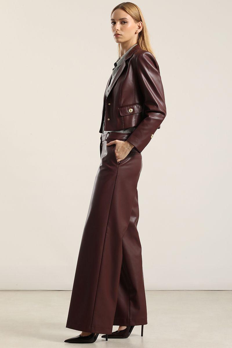 Pantalón ancho, tiro alto, efecto cuero, burdeo Liola-6