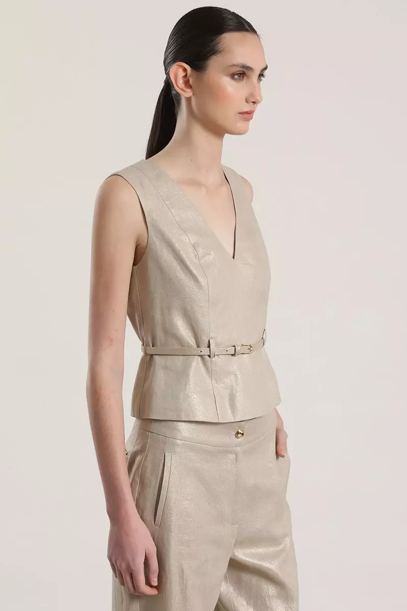 Top con cinturón lino liola mujer beige-1