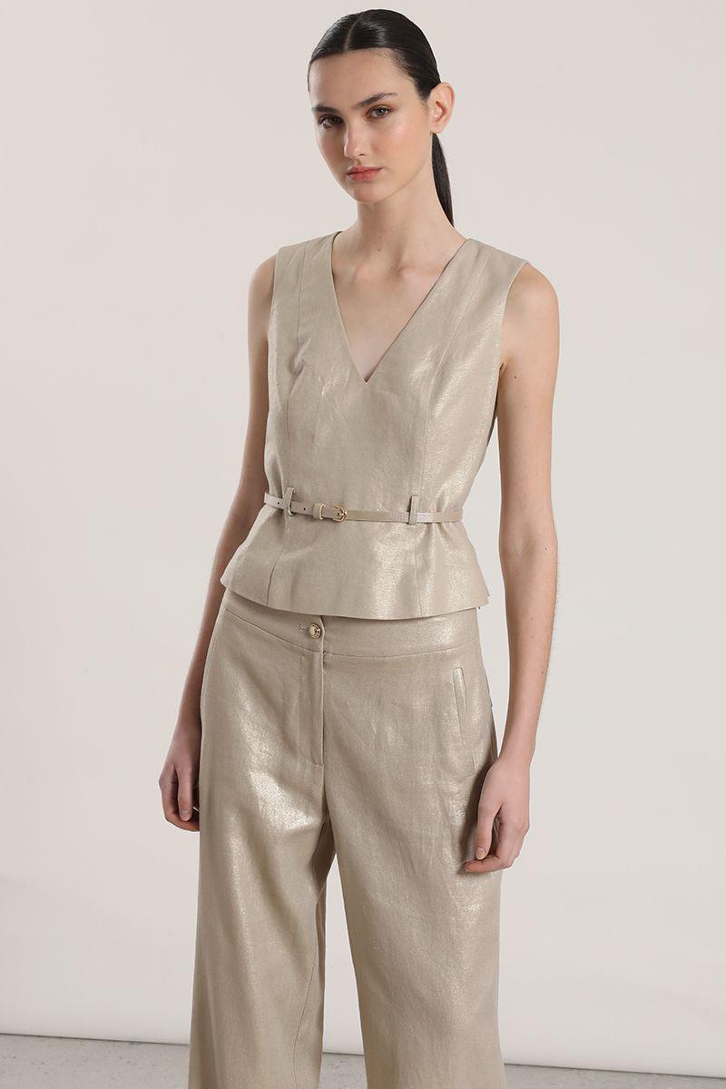 Top con cinturón lino liola mujer beige-2