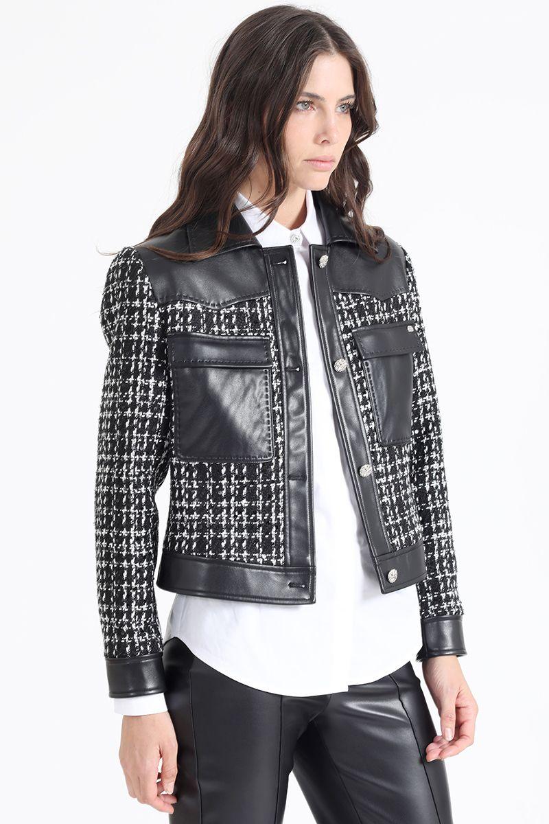 Chaqueta Efecto Cuero Y Tweed, Negro Liola-0