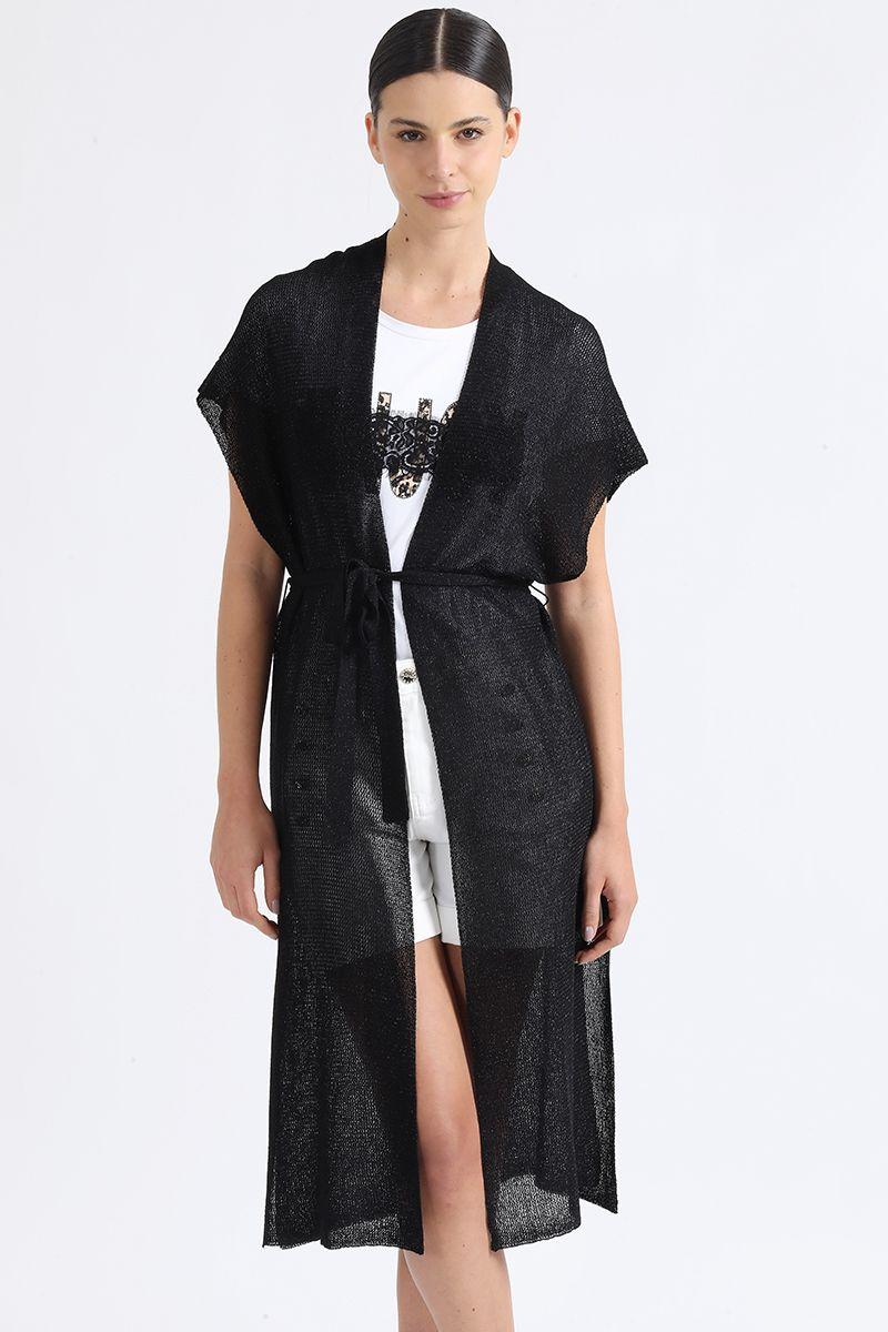 Cardigan Largo Tejido Con Hilo Metalizado, Negro Liola-1