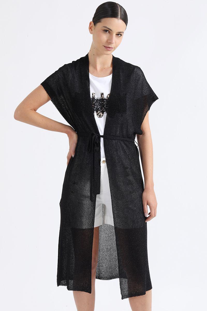 Cardigan Largo Tejido Con Hilo Metalizado, Negro Liola-2