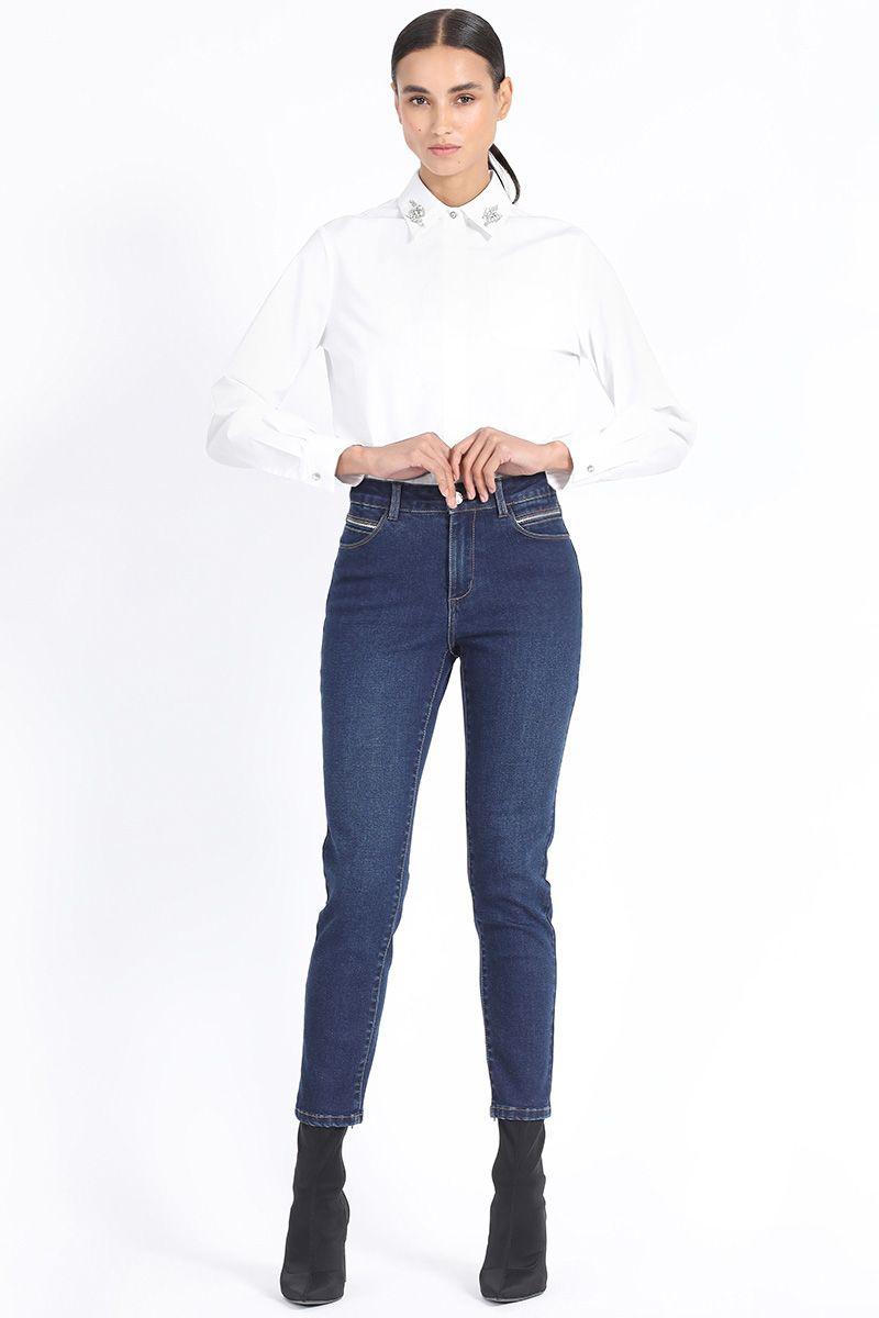 Jeans Skinny Tiro Medio, Bordado Lurex Azul Liola-0