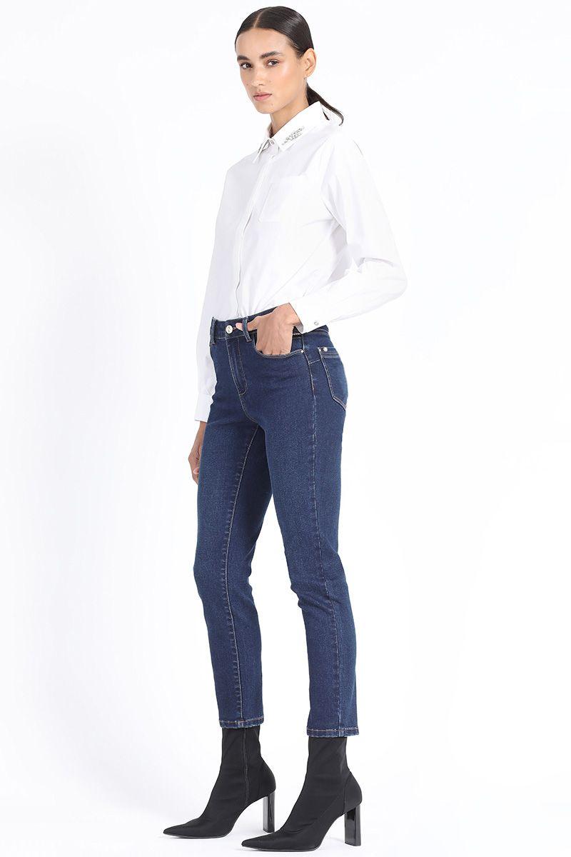 Jeans Skinny Tiro Medio, Bordado Lurex Azul Liola-2
