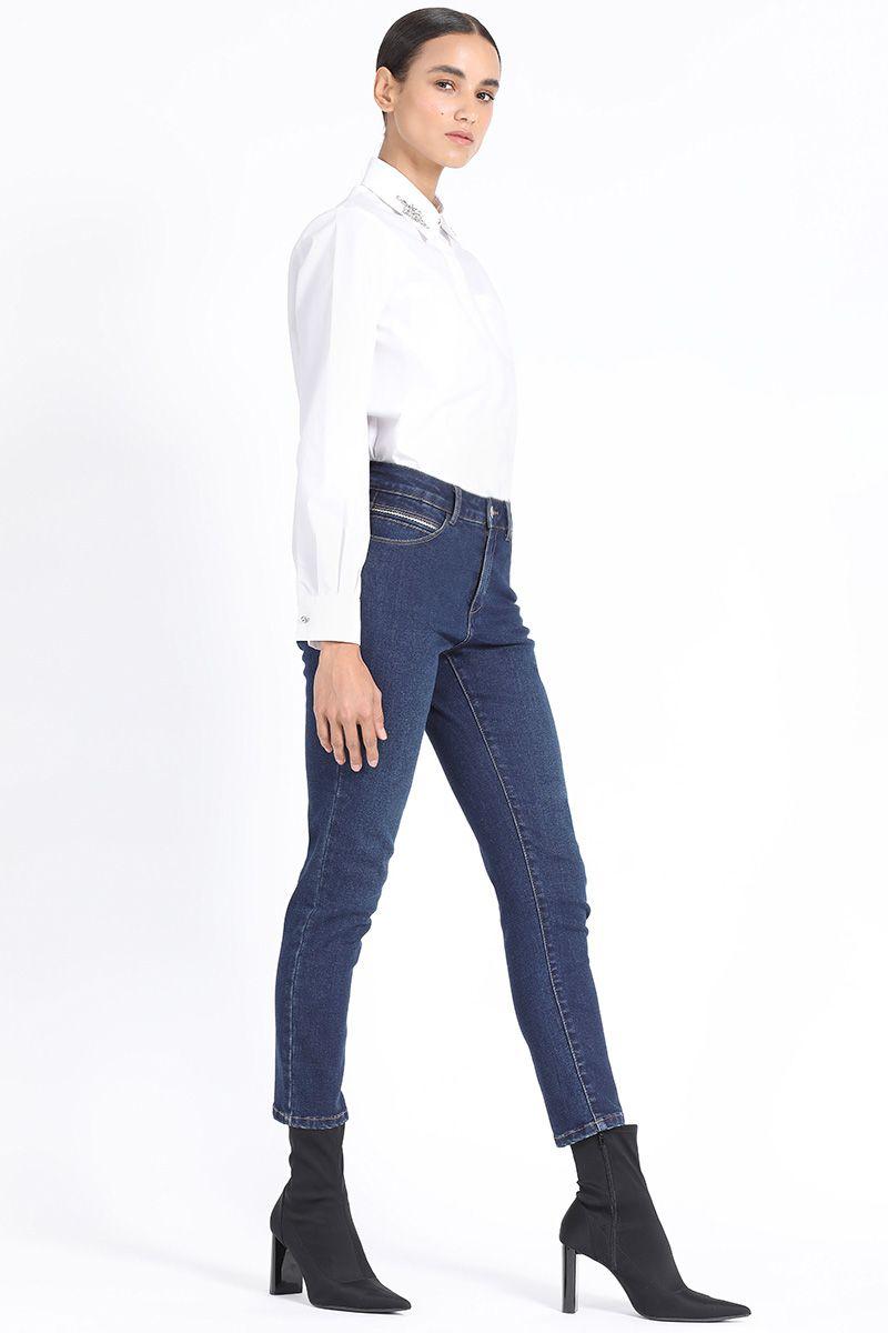 Jeans Skinny Tiro Medio, Bordado Lurex Azul Liola-5