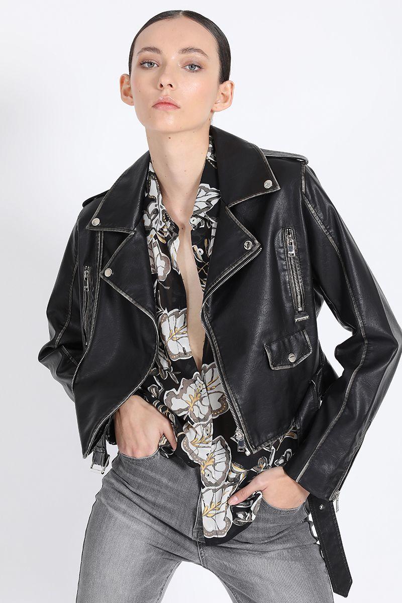 Chaqueta Biker Efecto Cuero Desgastado, Negro Liola-0