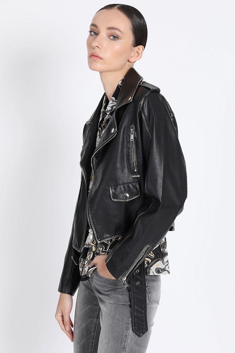 Chaqueta Biker Efecto Cuero Desgastado, Negro Liola-3