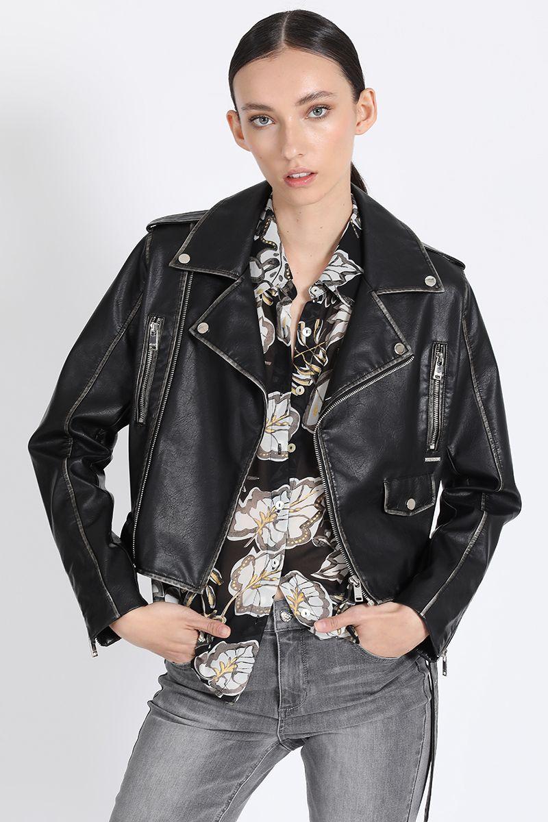 Chaqueta Biker Efecto Cuero Desgastado, Negro Liola-5