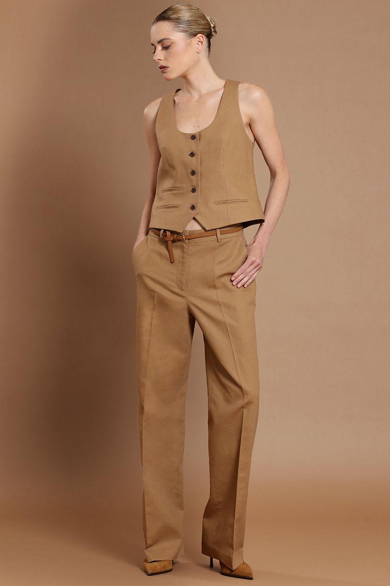 Pantalon recto, lino algodon, camel Liola-0