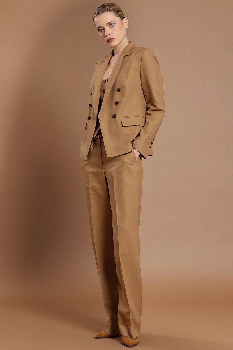 Pantalon recto, lino algodon, camel Liola-1
