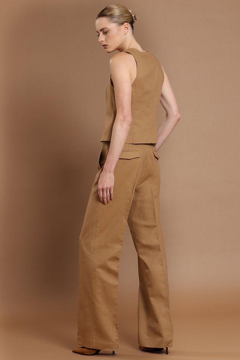 Pantalon recto, lino algodon, camel Liola-2