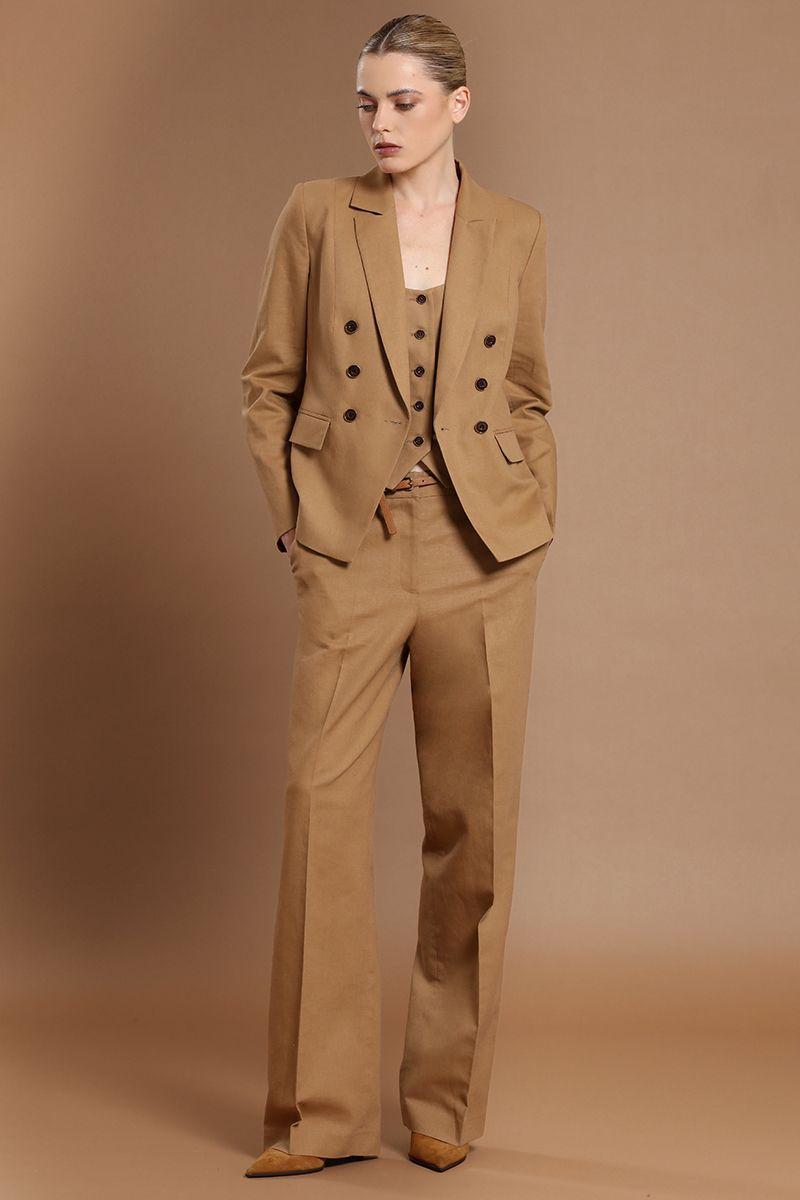 Pantalon recto, lino algodon, camel Liola-3
