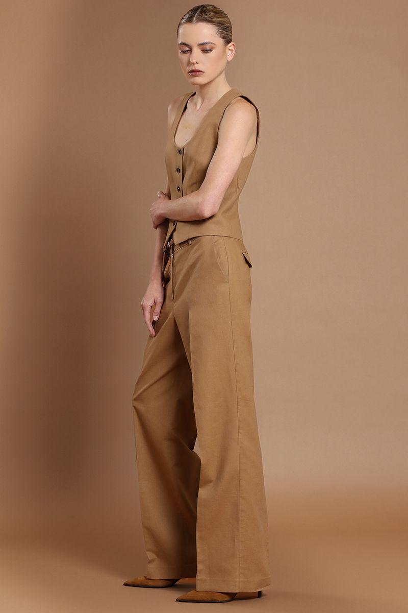 Pantalon recto, lino algodon, camel Liola-4