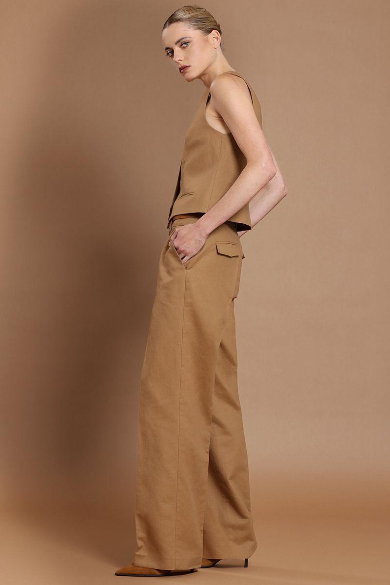 Pantalon recto, lino algodon, camel Liola-5