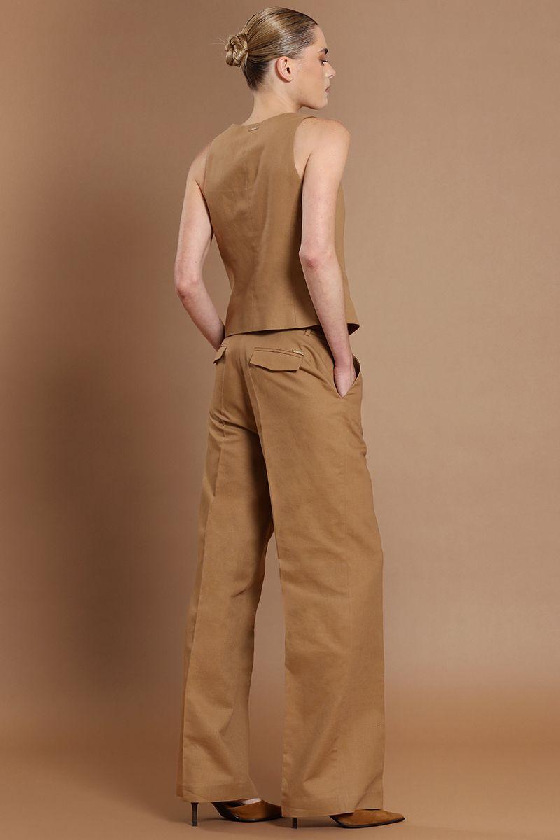 Pantalon recto, lino algodon, camel Liola-6
