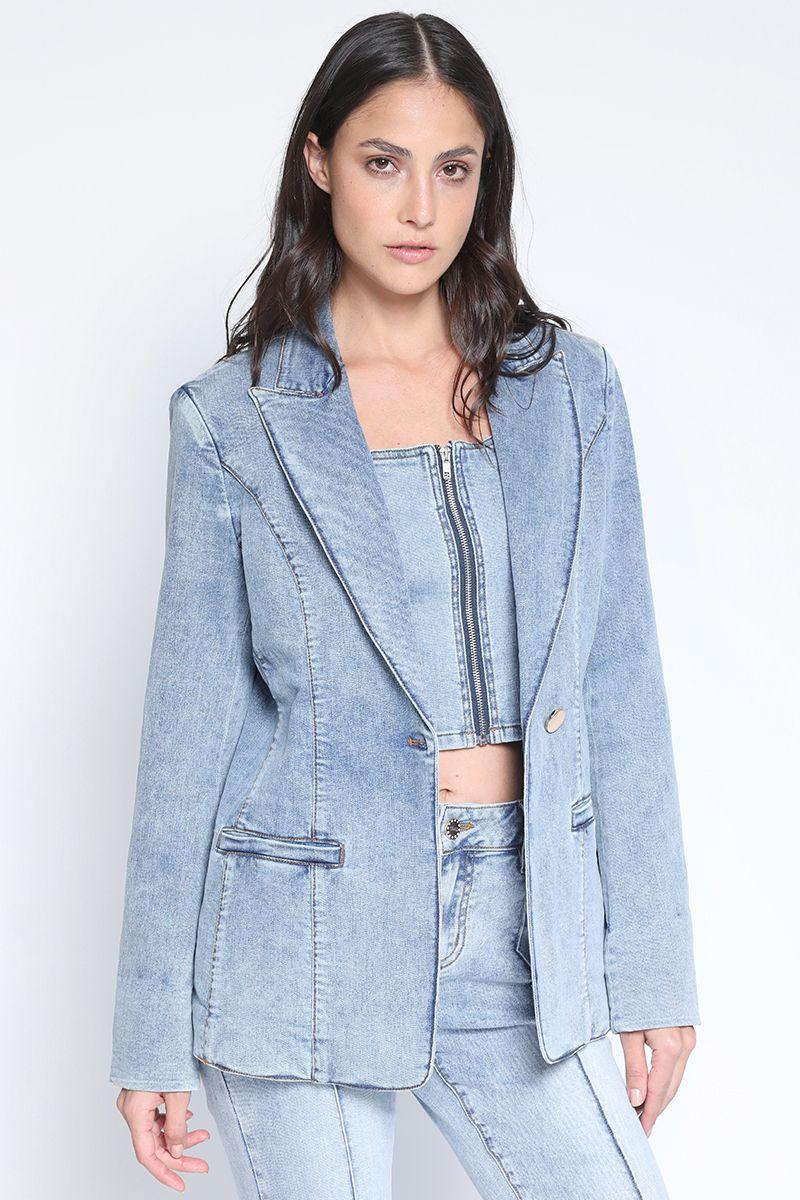 Blazer Entallado Semi Cruce, Denim Azul Claro Liola-0
