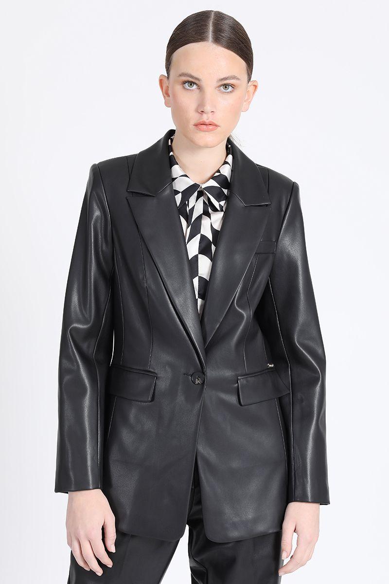Blazer Largo Entallado Efecto Cuero, Negro Liola-1