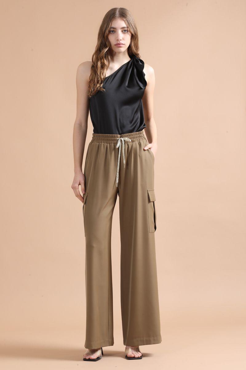 Pantalon Ancho Cargo Tiro Alto, Camel Liola-0
