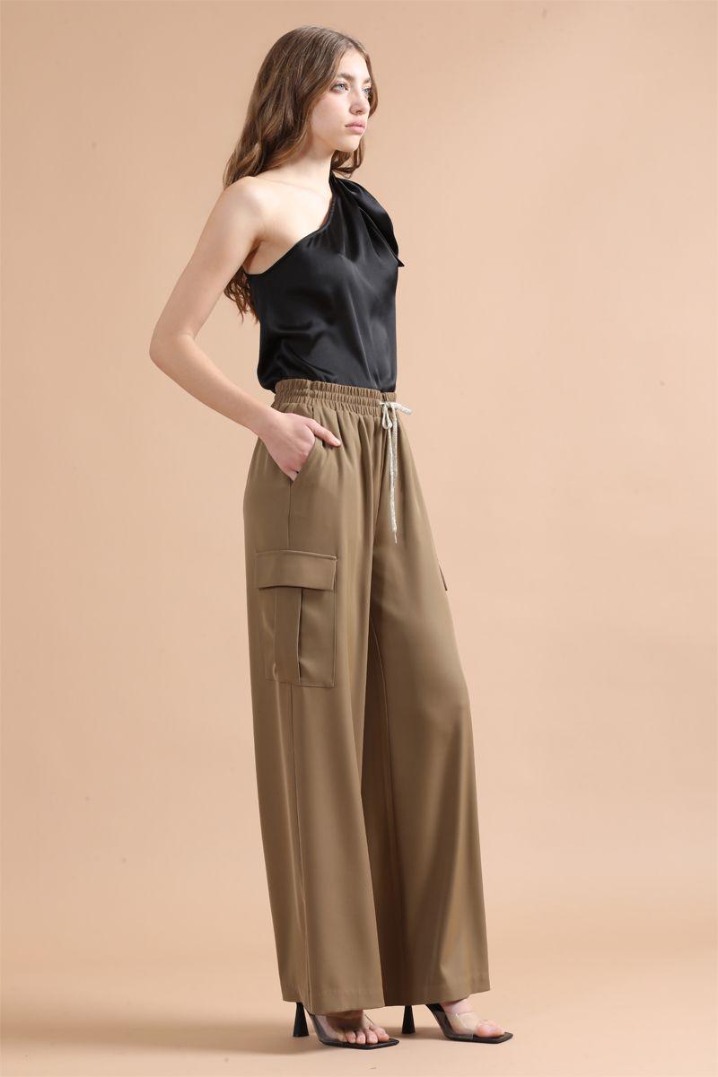 Pantalon Ancho Cargo Tiro Alto, Camel Liola-1