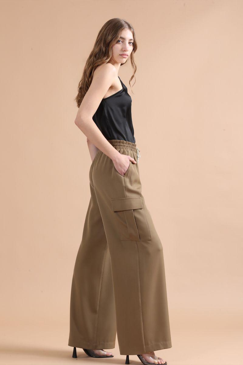 Pantalon Ancho Cargo Tiro Alto, Camel Liola-2
