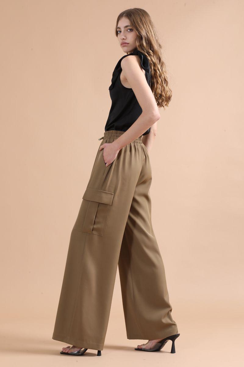 Pantalon Ancho Cargo Tiro Alto, Camel Liola-4