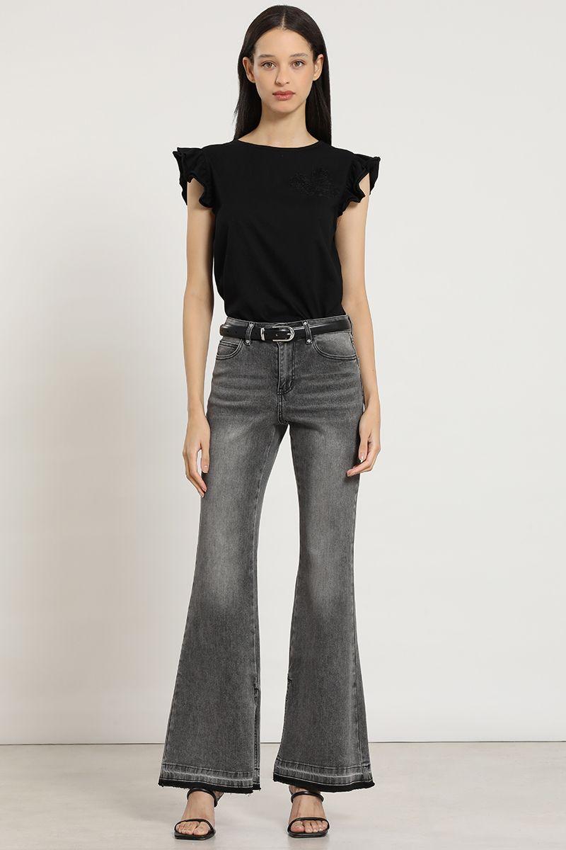 Polera bordado, aplicacion strass, negro Liola-1