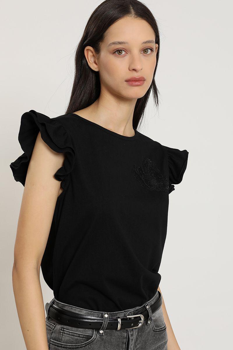Polera bordado, aplicacion strass, negro Liola-2