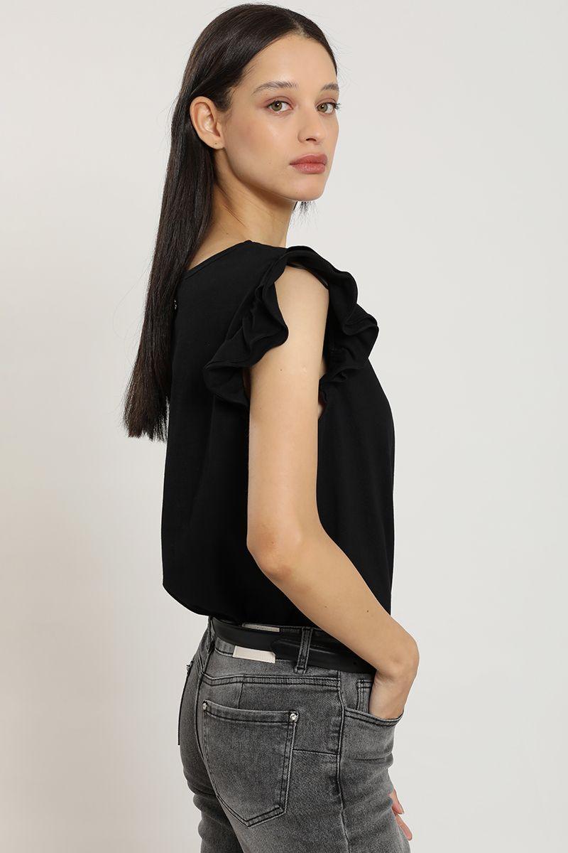 Polera bordado, aplicacion strass, negro Liola-3