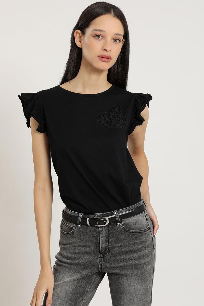 Polera bordado, aplicacion strass, negro Liola-4