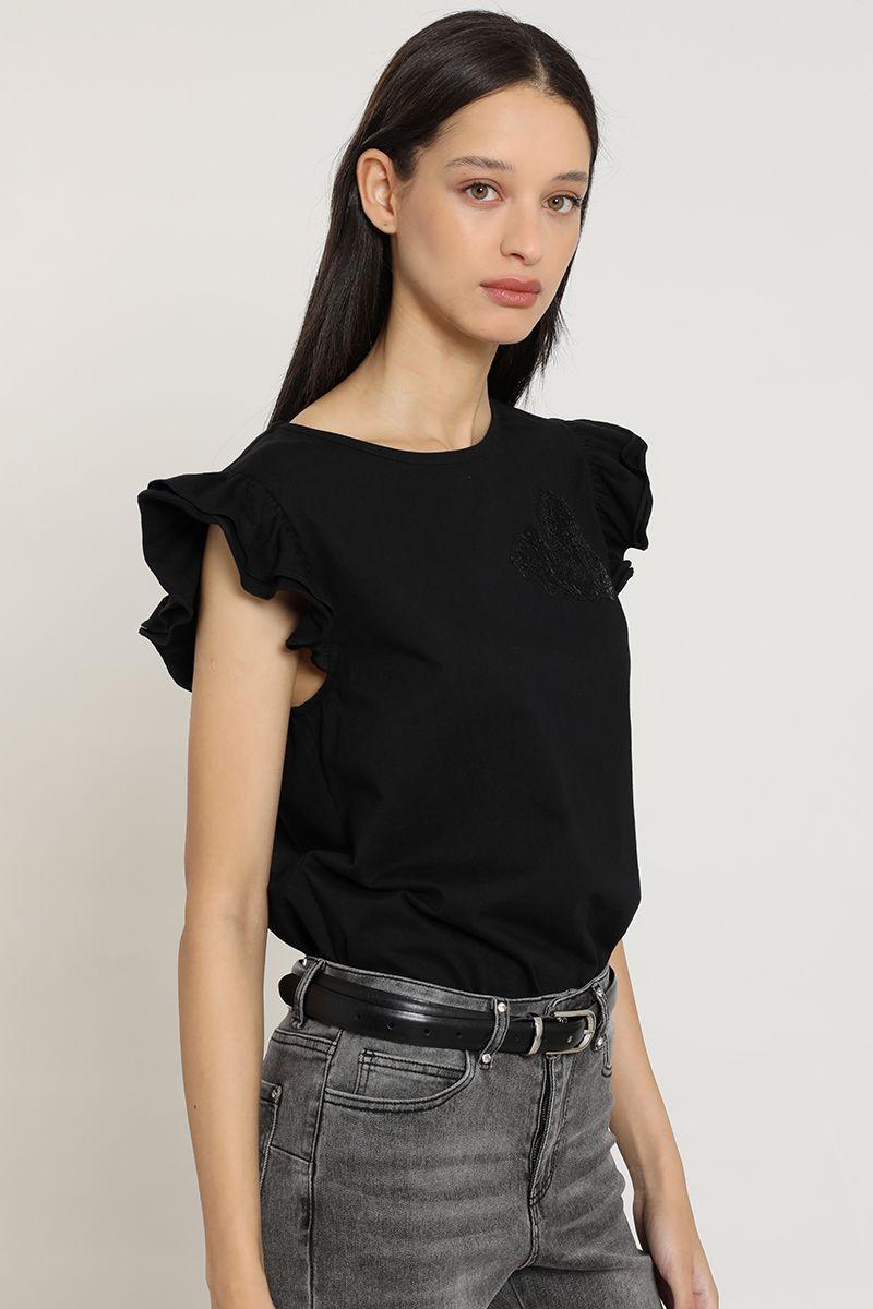 Polera bordado, aplicacion strass, negro Liola-6