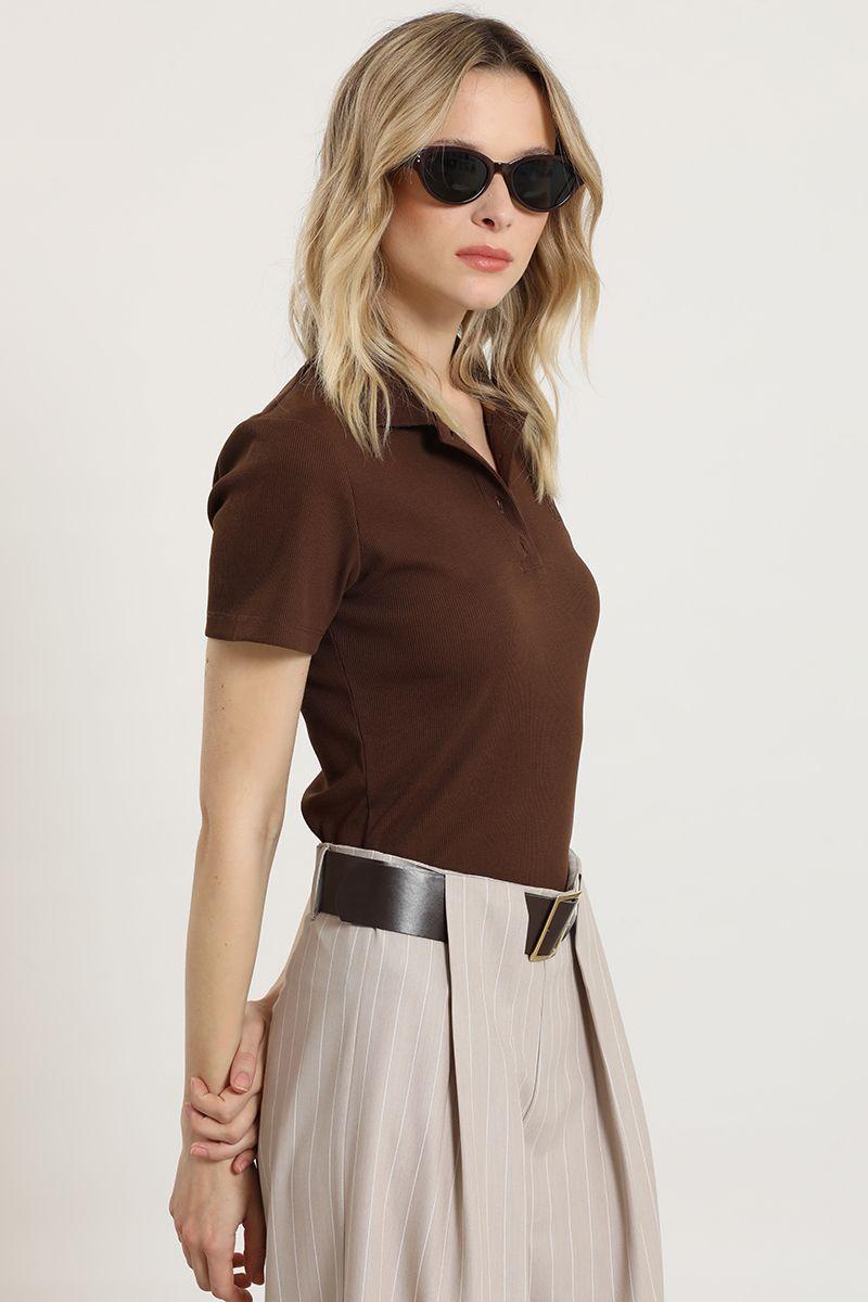 Polera cuello camisero, chocolate Liola-3