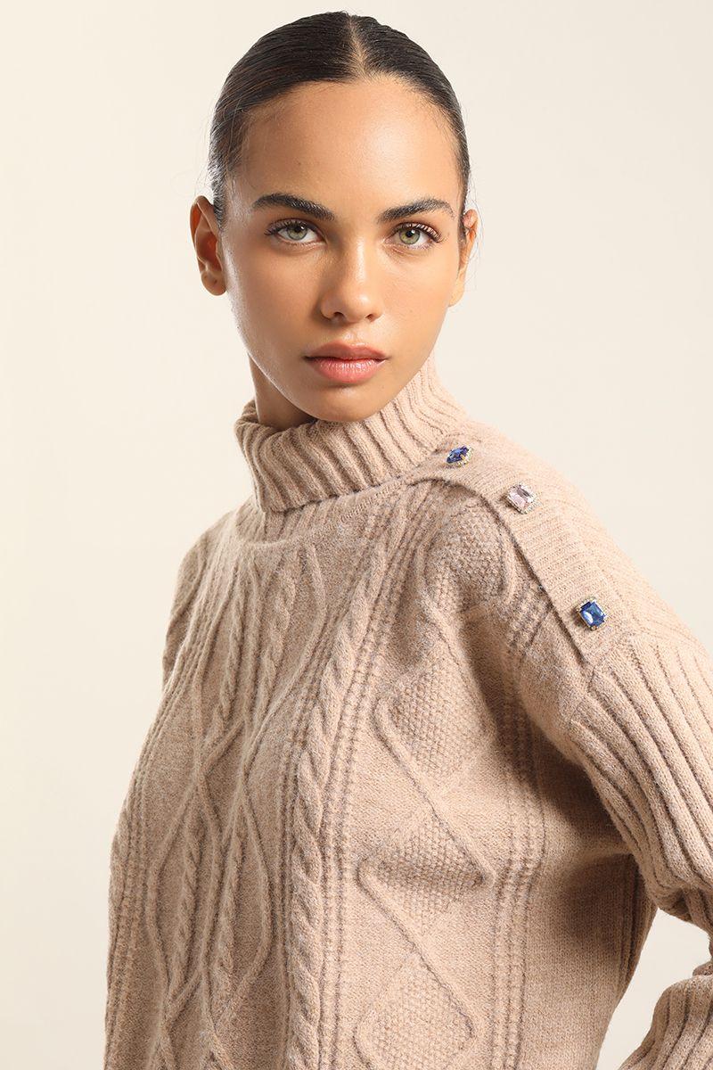Sweater Punto, Boton Joya, Beige Liola-0