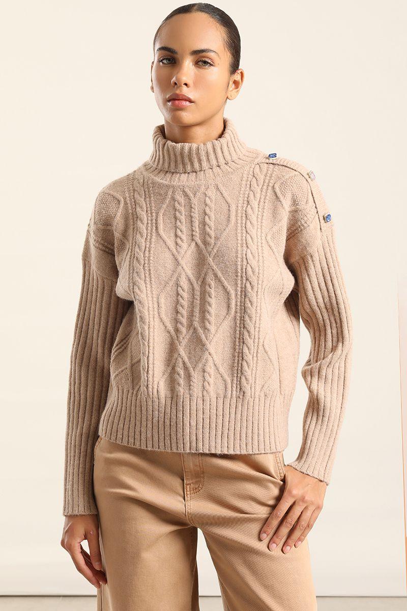 Sweater Punto, Boton Joya, Beige Liola-1