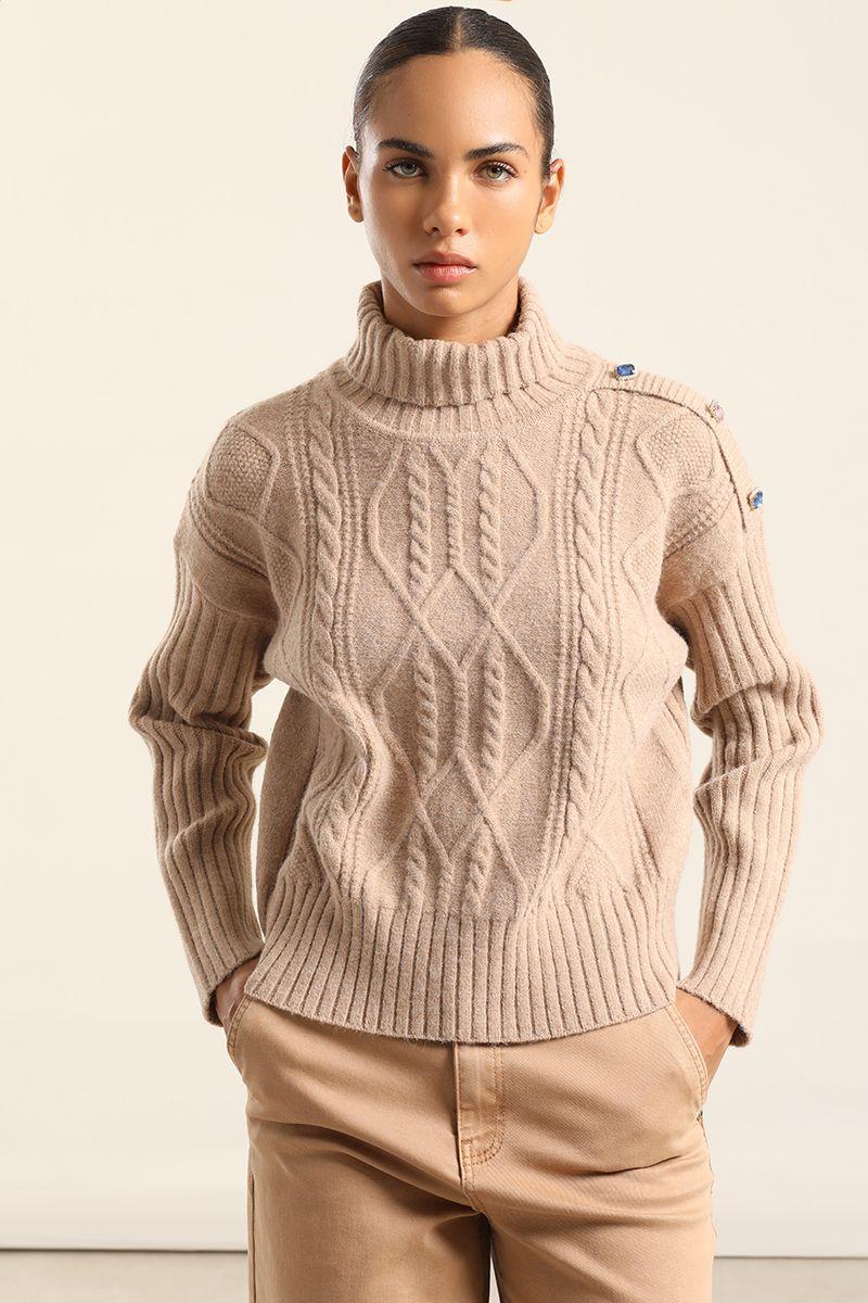 Sweater Punto, Boton Joya, Beige Liola-3