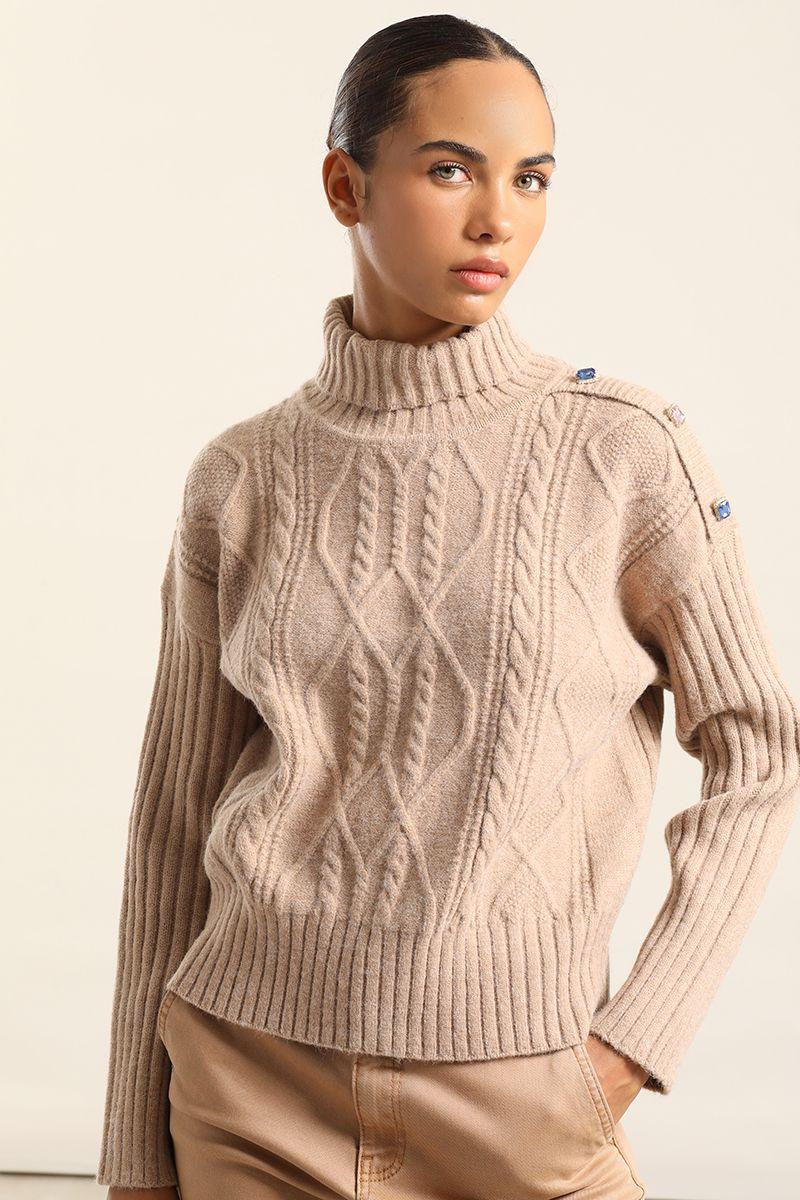 Sweater Punto, Boton Joya, Beige Liola-5