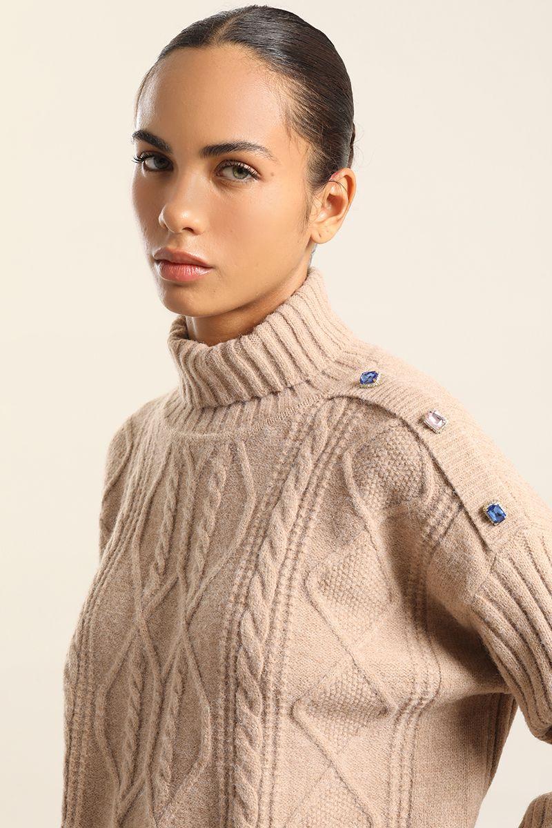 Sweater Punto, Boton Joya, Beige Liola-6