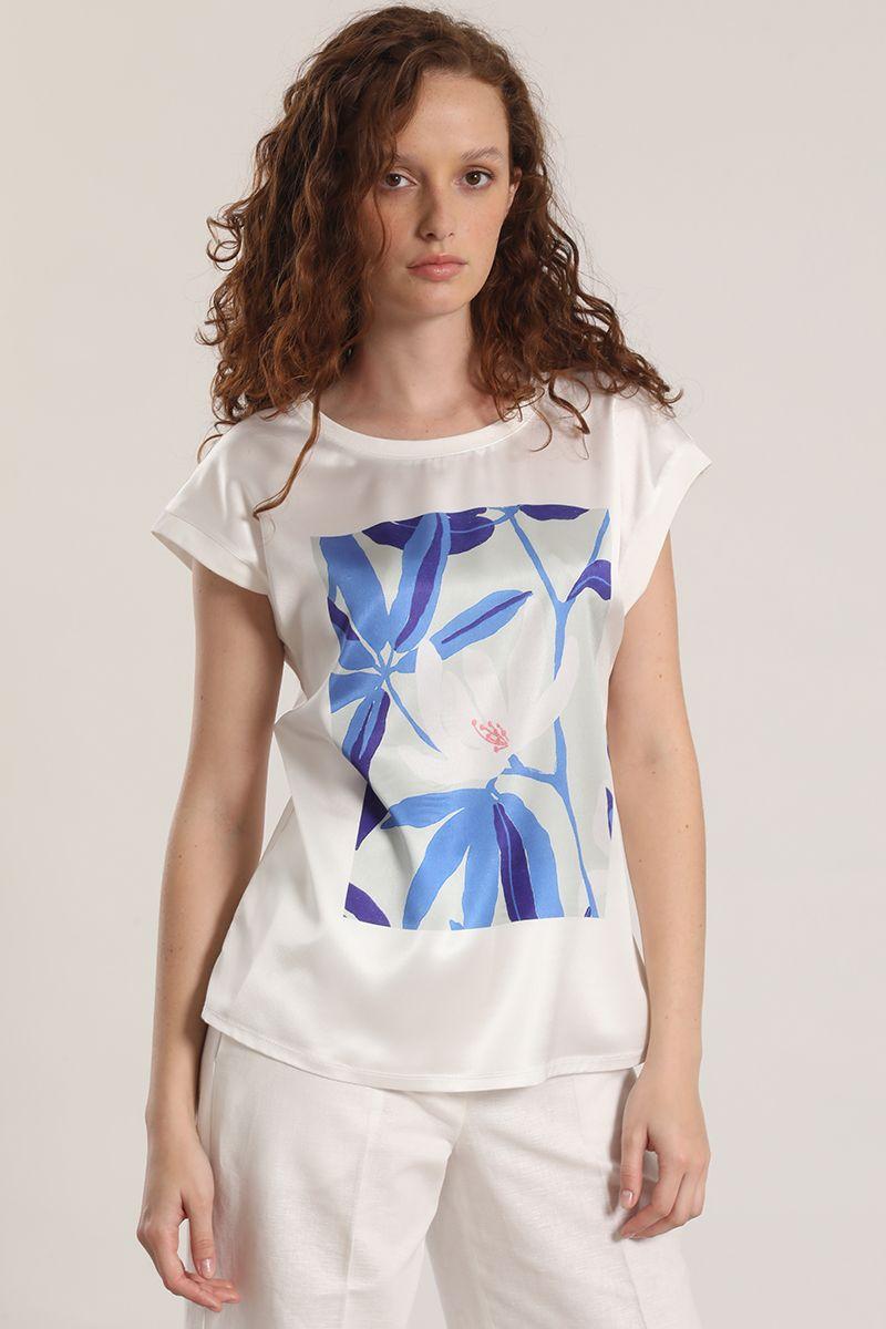 Polera satin flor estampada liola mujer azul-0